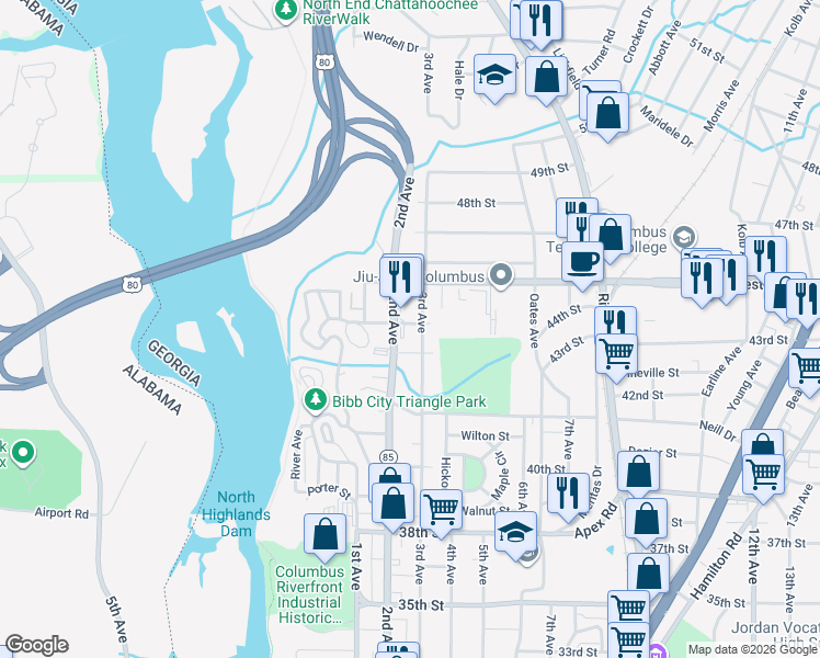 map of restaurants, bars, coffee shops, grocery stores, and more near 4306 3rd Avenue in Columbus