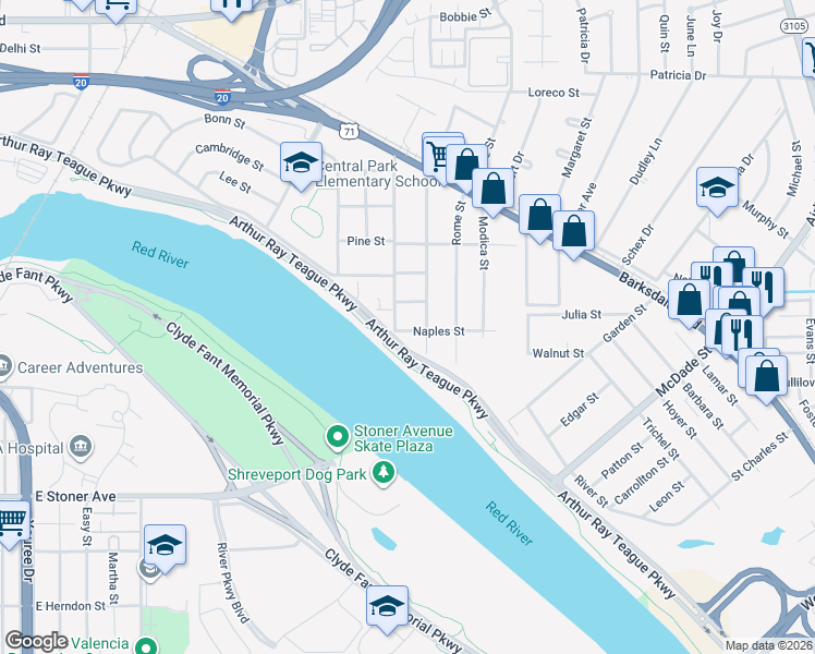 map of restaurants, bars, coffee shops, grocery stores, and more near 527 Anthony Street in Bossier City