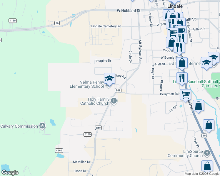 map of restaurants, bars, coffee shops, grocery stores, and more near 16339 Farm to Market Road 849 in Lindale