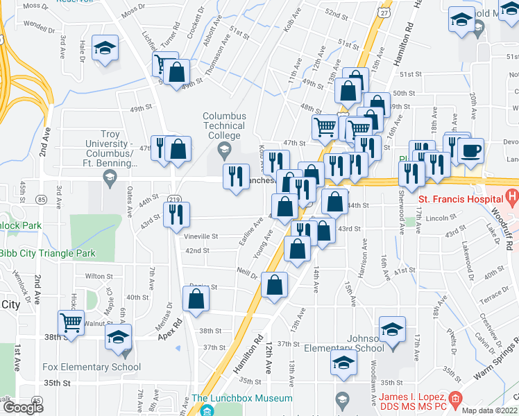 map of restaurants, bars, coffee shops, grocery stores, and more near 4309 Earline Avenue in Columbus