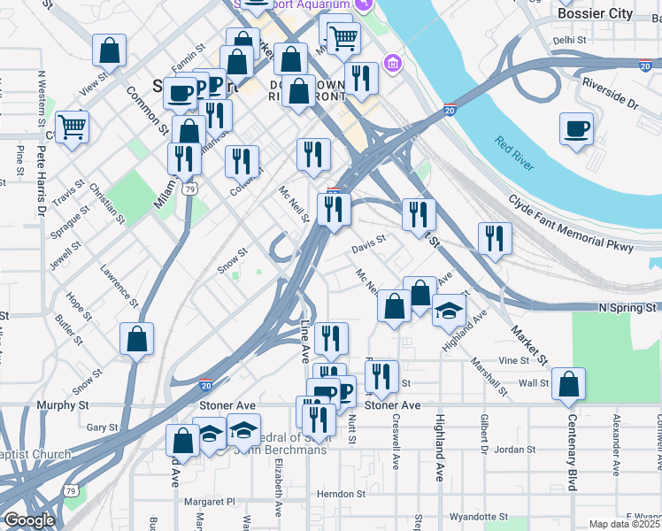 map of restaurants, bars, coffee shops, grocery stores, and more near 622 Euclid Street in Shreveport