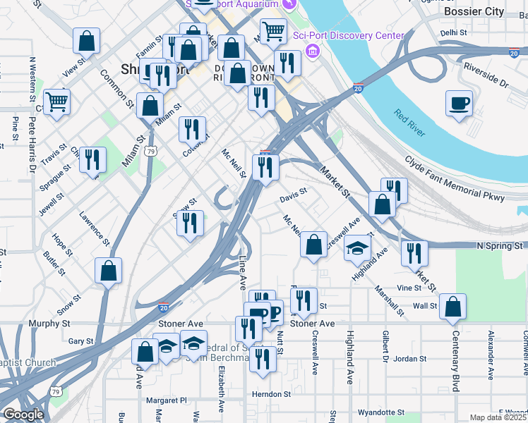 map of restaurants, bars, coffee shops, grocery stores, and more near 1048 Louisiana Avenue in Shreveport