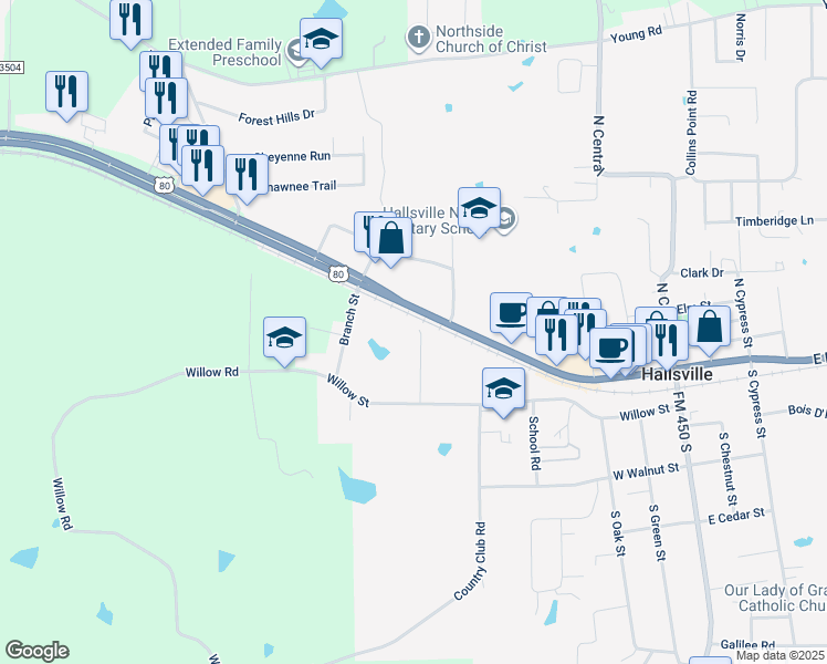 map of restaurants, bars, coffee shops, grocery stores, and more near 107 Willow Creek Court in Hallsville