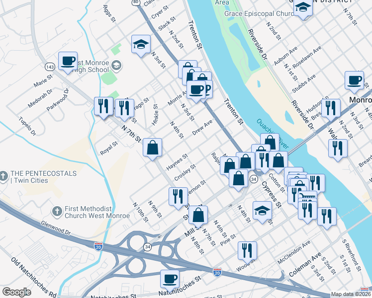 map of restaurants, bars, coffee shops, grocery stores, and more near 501 Haynes Street in West Monroe