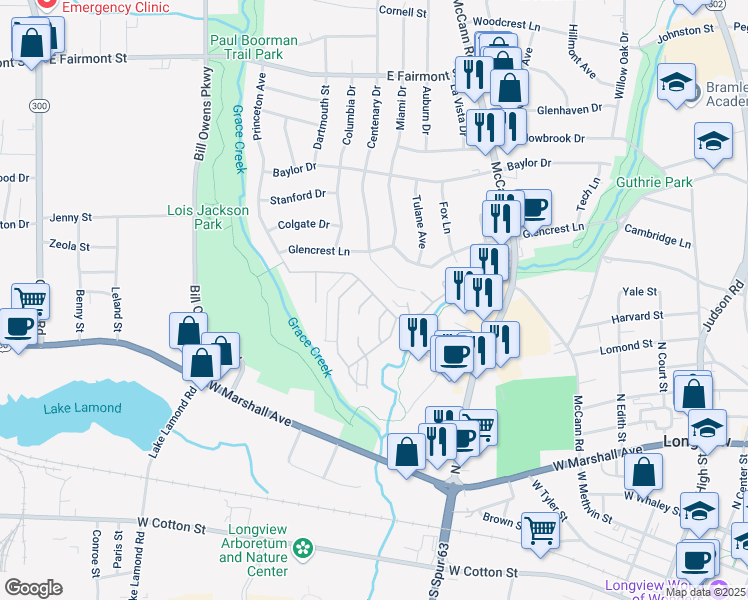 map of restaurants, bars, coffee shops, grocery stores, and more near 1240 Brandywine Drive in Longview