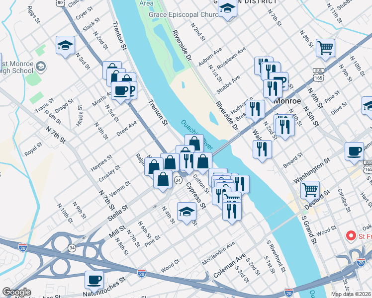 map of restaurants, bars, coffee shops, grocery stores, and more near 713 Trenton Street in West Monroe