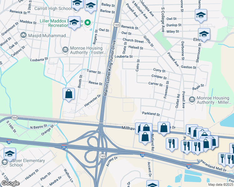 map of restaurants, bars, coffee shops, grocery stores, and more near 3401 Harvester Dr in Monroe