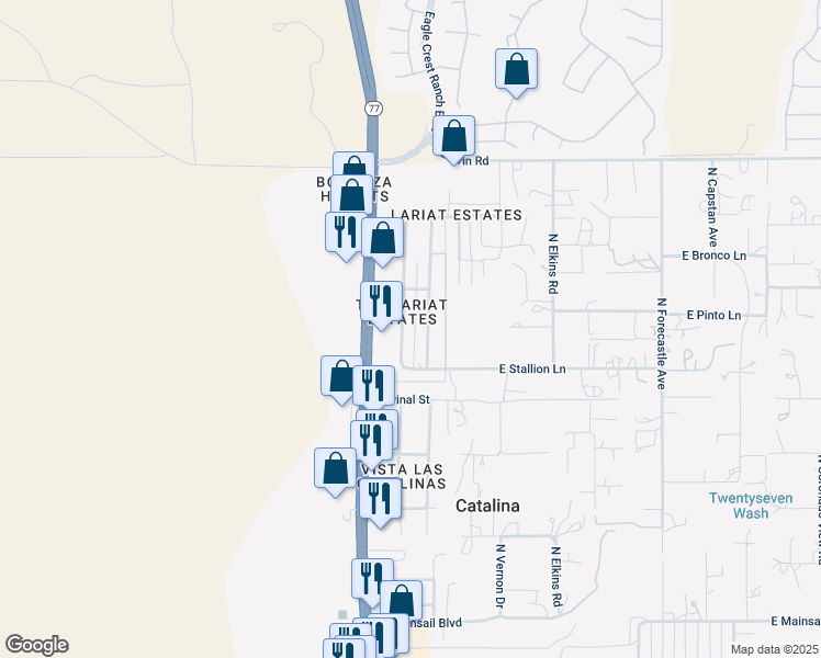 map of restaurants, bars, coffee shops, grocery stores, and more near 16537 North Avenue Del Oro in Tucson