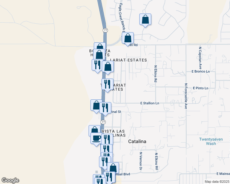 map of restaurants, bars, coffee shops, grocery stores, and more near 16537 North Avenue Del Oro in Tucson