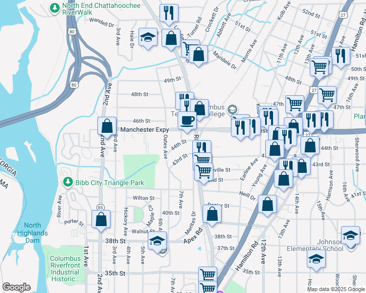 map of restaurants, bars, coffee shops, grocery stores, and more near 711 44th Street in Columbus