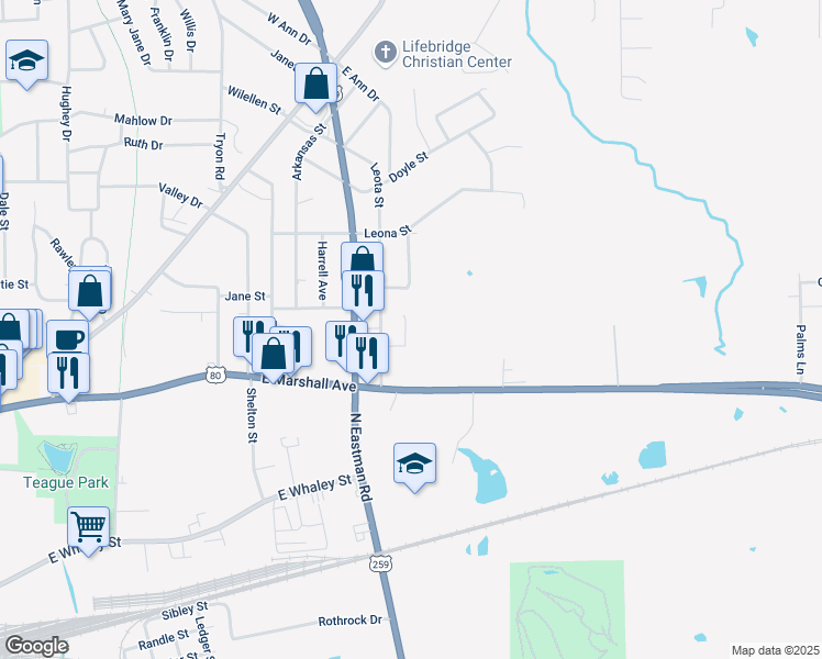 map of restaurants, bars, coffee shops, grocery stores, and more near 115 Pinebrook Place in Longview