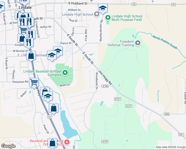 map of restaurants, bars, coffee shops, grocery stores, and more near 1103 Woodlands Park Drive in Lindale