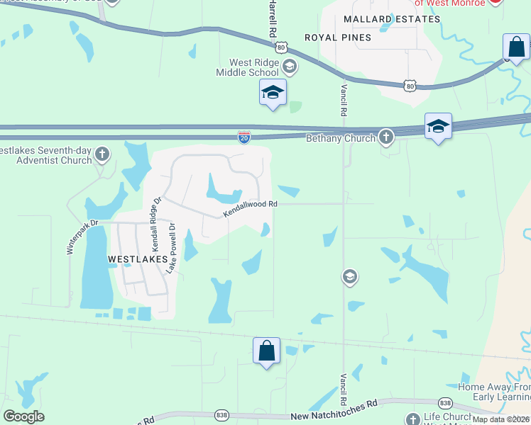 map of restaurants, bars, coffee shops, grocery stores, and more near 299 Kendallwood Road in West Monroe