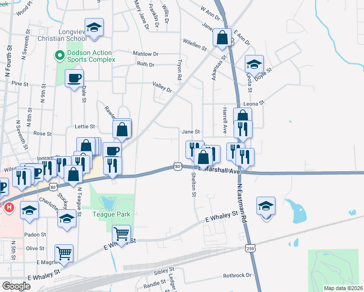 map of restaurants, bars, coffee shops, grocery stores, and more near 529 Louisiana Street in Longview