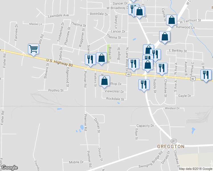 map of restaurants, bars, coffee shops, grocery stores, and more near 700 Hilltop Drive in Longview