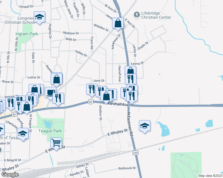 map of restaurants, bars, coffee shops, grocery stores, and more near 1898 Louise Street in Longview