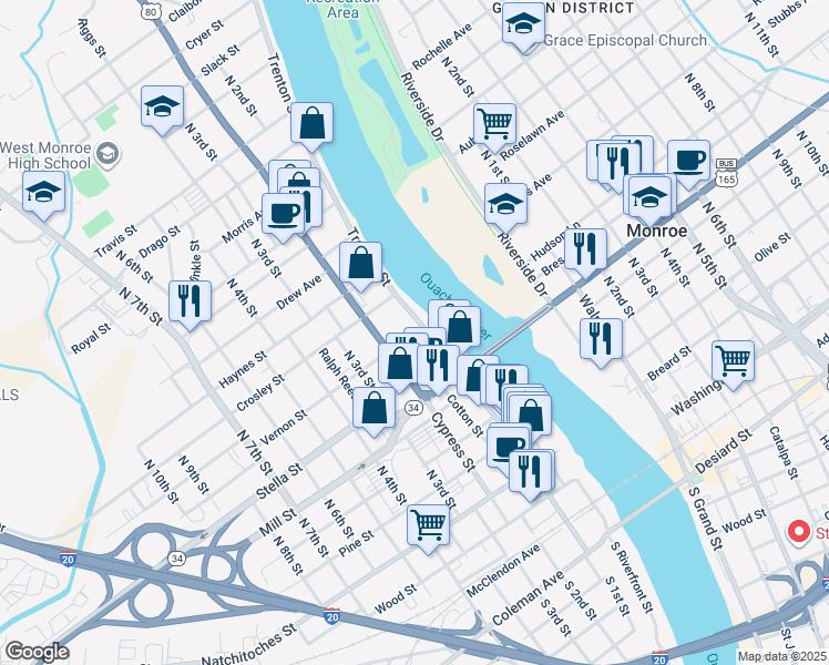 map of restaurants, bars, coffee shops, grocery stores, and more near 800 Trenton Street in West Monroe