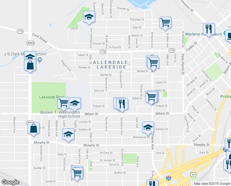 map of restaurants, bars, coffee shops, grocery stores, and more near 23204 Common Street in Shreveport