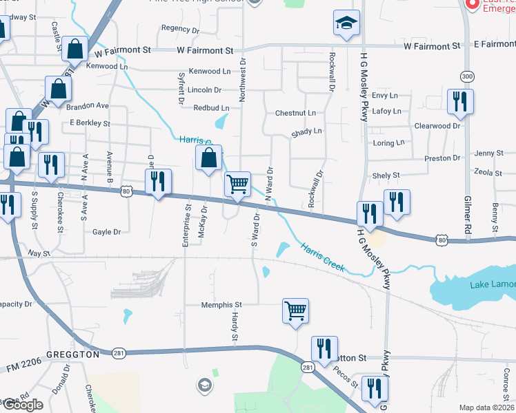 map of restaurants, bars, coffee shops, grocery stores, and more near 101 South Ward Drive in Longview