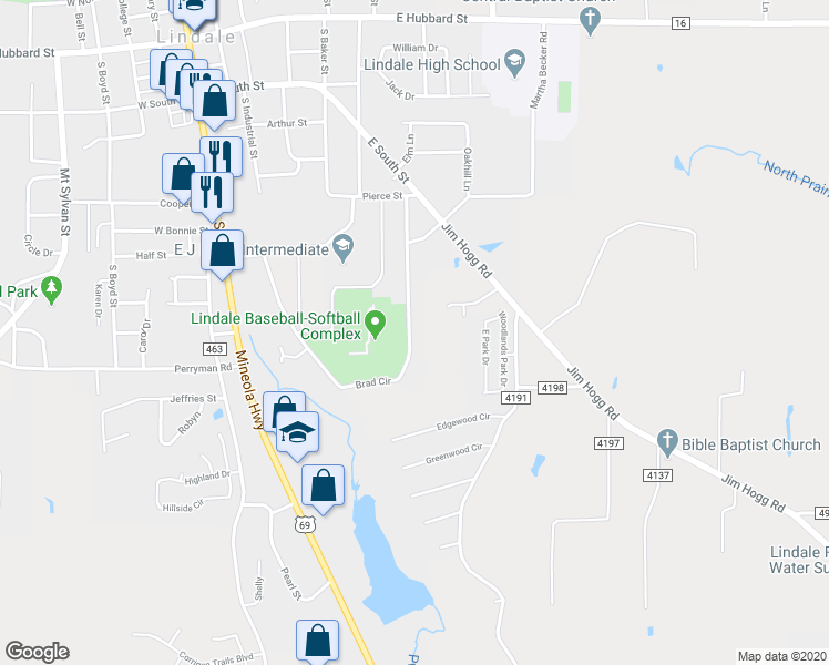 map of restaurants, bars, coffee shops, grocery stores, and more near 1106 Brad Circle in Lindale