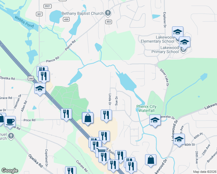 map of restaurants, bars, coffee shops, grocery stores, and more near 4502 Linda Drive in Phenix City