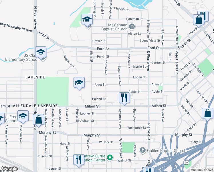 map of restaurants, bars, coffee shops, grocery stores, and more near 1858 Anna Street in Shreveport