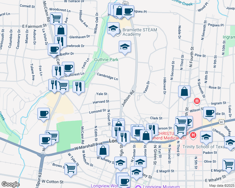 map of restaurants, bars, coffee shops, grocery stores, and more near 206 Oxford Lane in Longview