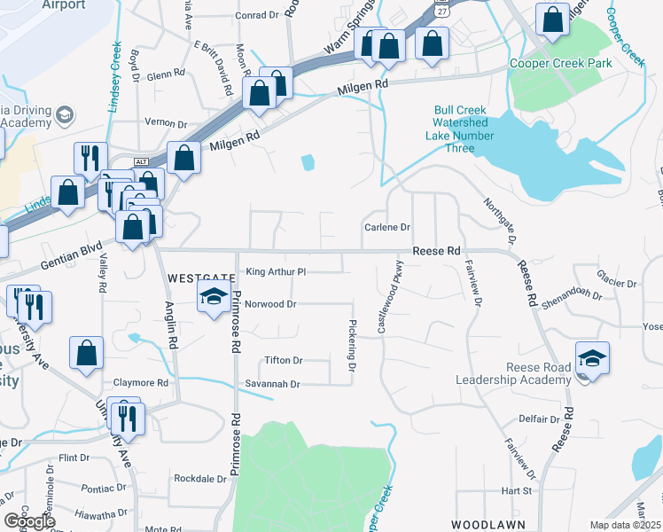 map of restaurants, bars, coffee shops, grocery stores, and more near 4214 Reese Road in Columbus
