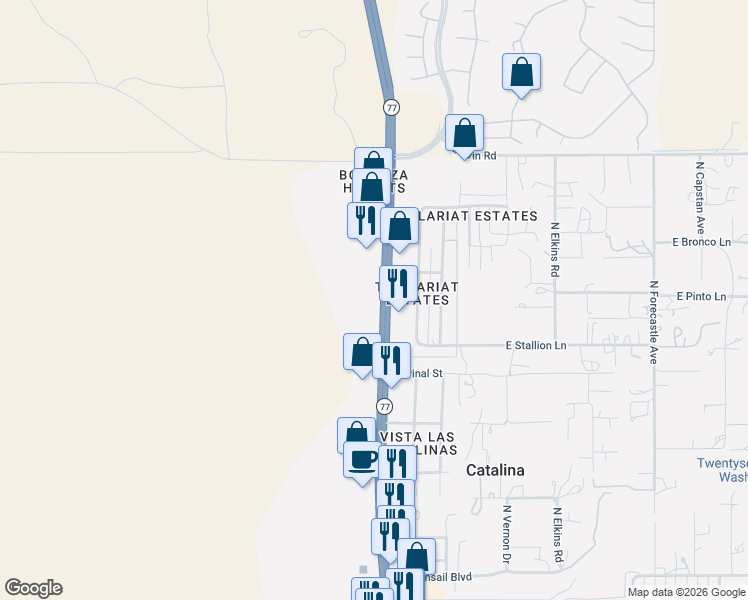 map of restaurants, bars, coffee shops, grocery stores, and more near 16527 North Oracle Road in Tucson
