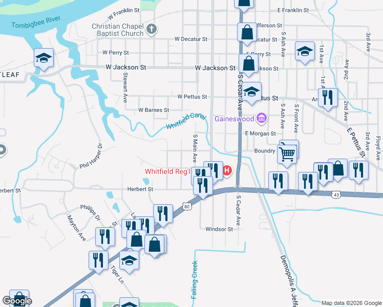 map of restaurants, bars, coffee shops, grocery stores, and more near 201-299 W Canal St in Demopolis