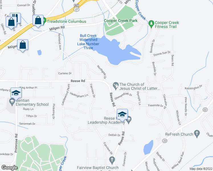 map of restaurants, bars, coffee shops, grocery stores, and more near 4423 Reese Road in Columbus