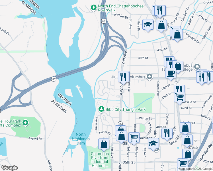map of restaurants, bars, coffee shops, grocery stores, and more near 37 Woodland Circle in Columbus