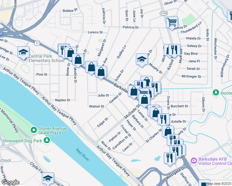 map of restaurants, bars, coffee shops, grocery stores, and more near 2383 Julia Street in Bossier City