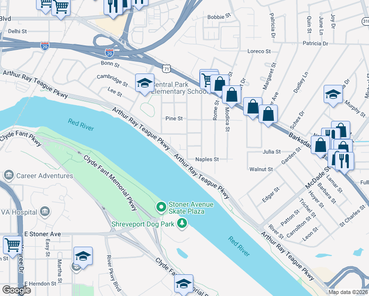 map of restaurants, bars, coffee shops, grocery stores, and more near 2129 Ford Street in Bossier City