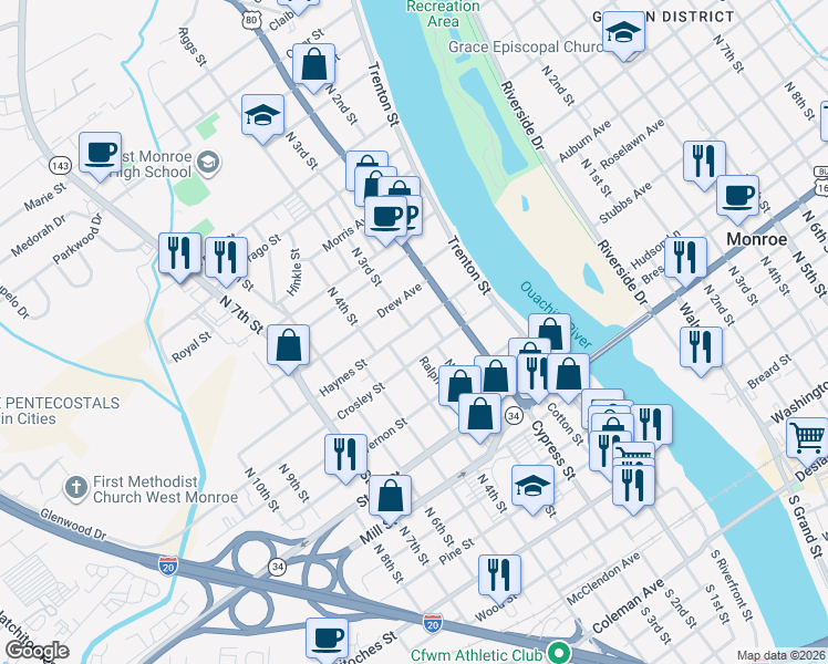 map of restaurants, bars, coffee shops, grocery stores, and more near 1007 North 3rd Street in West Monroe