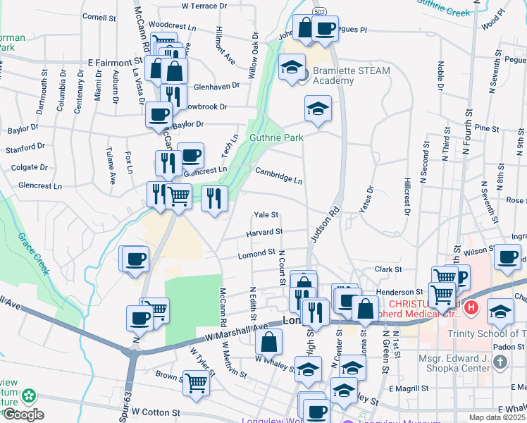 map of restaurants, bars, coffee shops, grocery stores, and more near 318 Yale Street in Longview