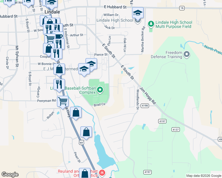 map of restaurants, bars, coffee shops, grocery stores, and more near 1100 Brad Circle in Lindale