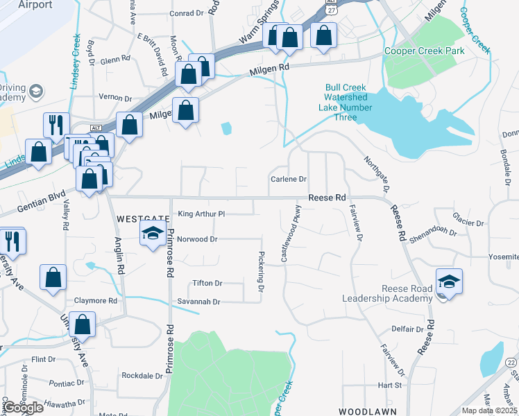 map of restaurants, bars, coffee shops, grocery stores, and more near 4214 Reese Road in Columbus