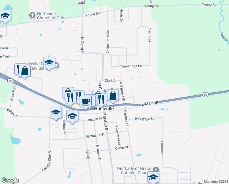 map of restaurants, bars, coffee shops, grocery stores, and more near 202 Elm Street in Hallsville