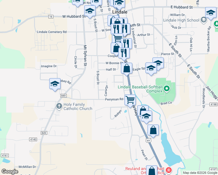 map of restaurants, bars, coffee shops, grocery stores, and more near 1010 Carol Drive in Lindale