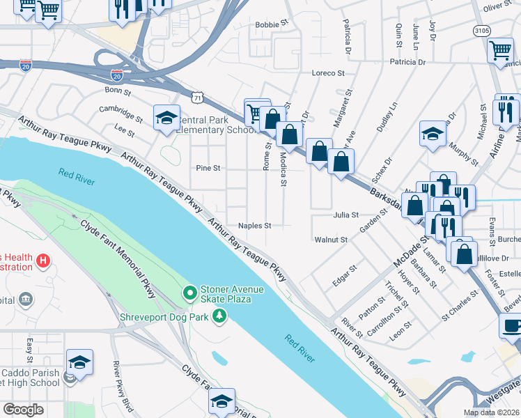 map of restaurants, bars, coffee shops, grocery stores, and more near 701 Rome Street in Bossier City