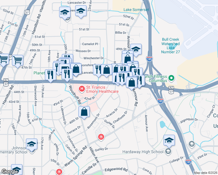 map of restaurants, bars, coffee shops, grocery stores, and more near 4417 Saint Francis Avenue in Columbus