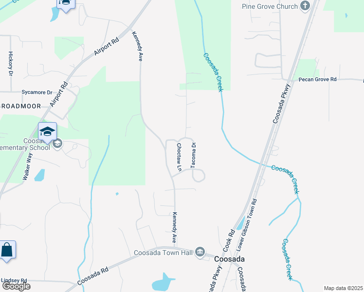 map of restaurants, bars, coffee shops, grocery stores, and more near 250 Choctaw Lane in Coosada