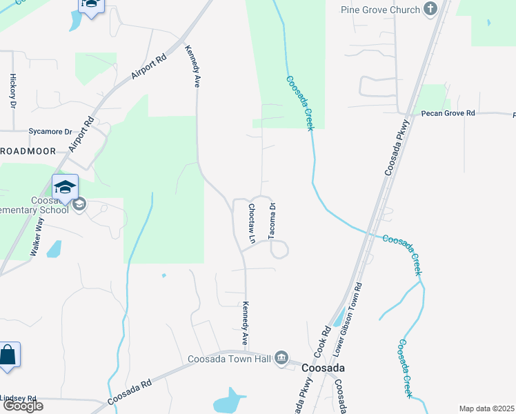 map of restaurants, bars, coffee shops, grocery stores, and more near 250 Choctaw Lane in Coosada