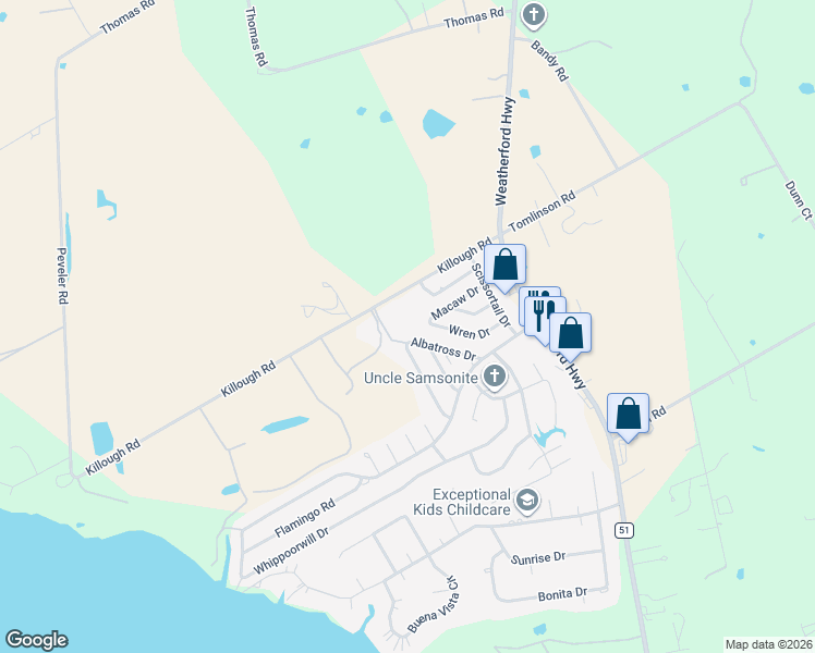map of restaurants, bars, coffee shops, grocery stores, and more near 517 Killough Road in Granbury