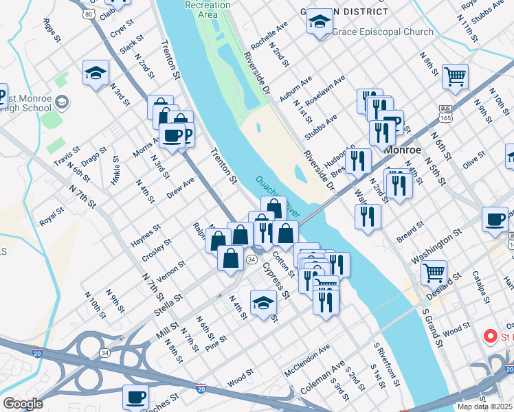 map of restaurants, bars, coffee shops, grocery stores, and more near 800 Trenton Street in West Monroe