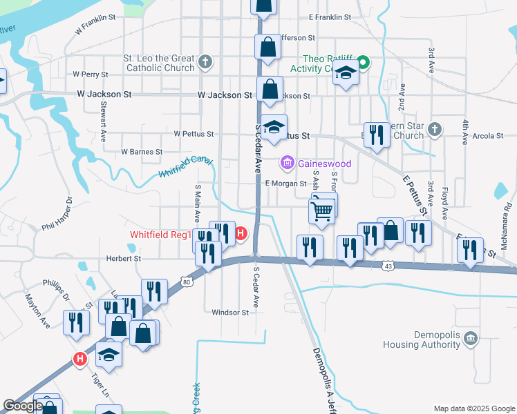 map of restaurants, bars, coffee shops, grocery stores, and more near 805 South Cedar Avenue in Demopolis