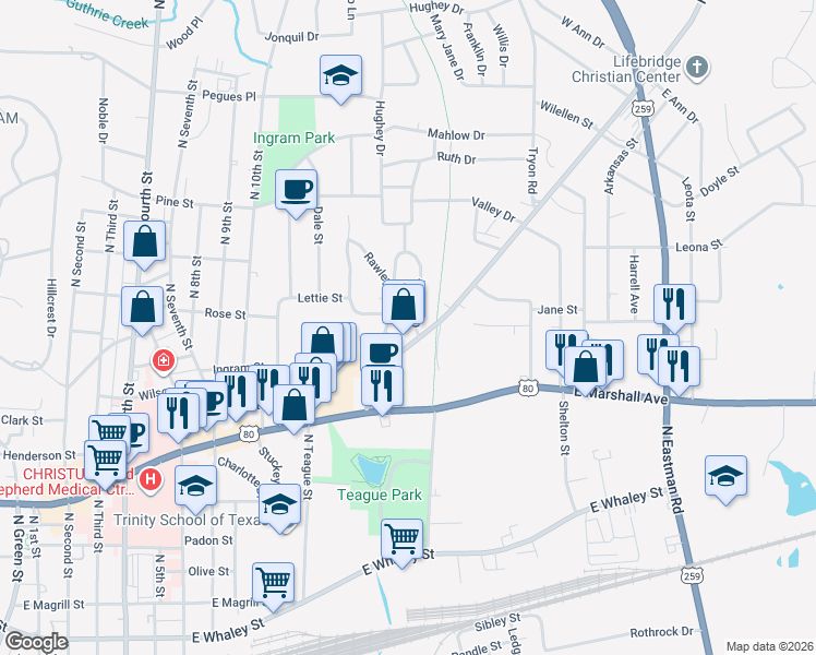 map of restaurants, bars, coffee shops, grocery stores, and more near 511 Glover Drive in Longview