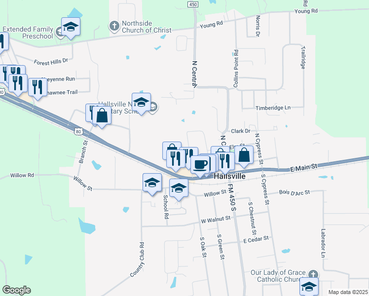 map of restaurants, bars, coffee shops, grocery stores, and more near 305 North Oak Street in Hallsville