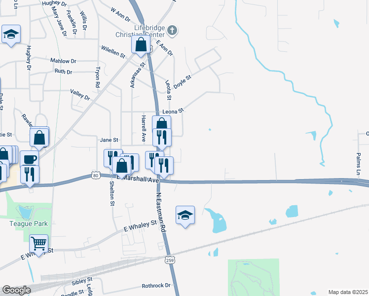 map of restaurants, bars, coffee shops, grocery stores, and more near 115 Pinebrook Place in Longview